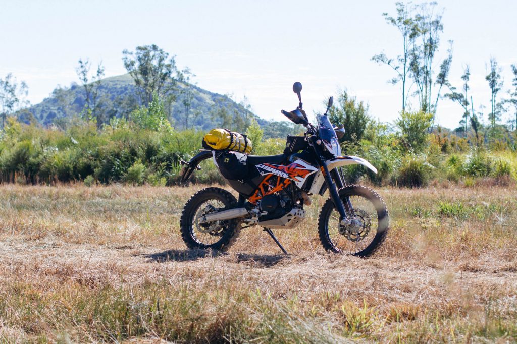 2015 KTM 690 setup for an overnight ride with Wolfman soft luggage